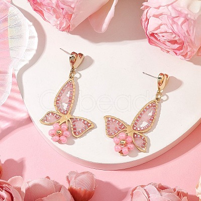 Rose Quartz Dangle Stud Earrings EJEW-MZ00243-1