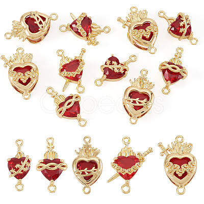 10Pcs 5 Styles Brass with Glass Dark Red Sacred Heart Connector Charms KK-TA0008-63-1