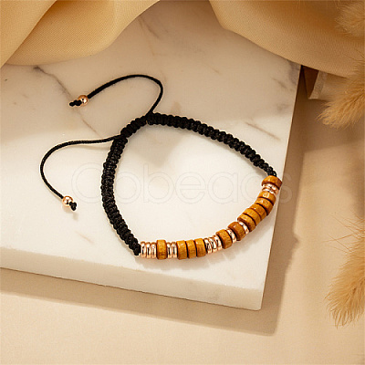 Natural Wood Disc Braided Bead Bracelet IP6266-2-1