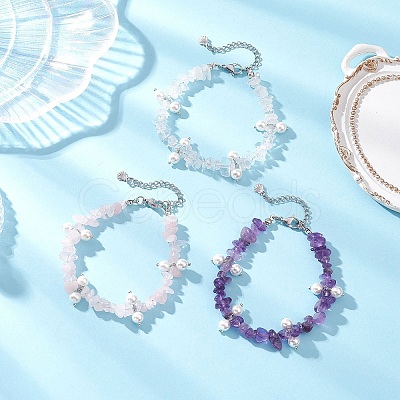 3Pcs Natural Mixed Gemstone Chip & Glass Shell Round Beaded Bracelets BJEW-JB12303-1