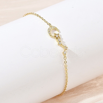 Brass Micro Pave Clear Cubic Zirconia Moon Star Link Bracelets KK-CBA6980-25G-1