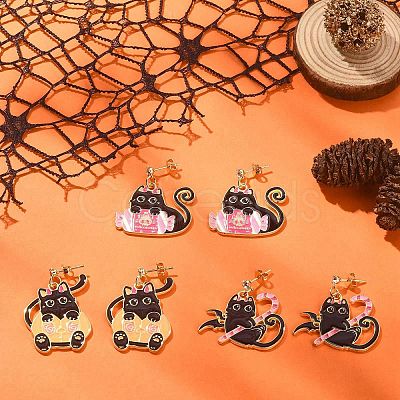 Halloween Theme Alloy Enamel Cat Dangle Stud Earrings with Brass Pins EJEW-JE05308-1