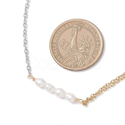 Natural Cultured Freshwater Pearl Rice Beaded Pendant 304 Stainless Steel Cable Chain Double Layer Necklaces NJEW-JN05681-1