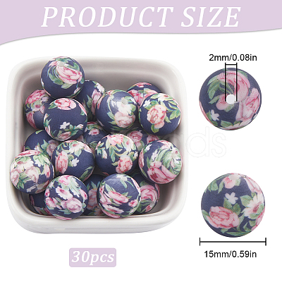 30pcs Round with Flower Pattern Silicone Focal Beads SIL-SC0002-03D-1