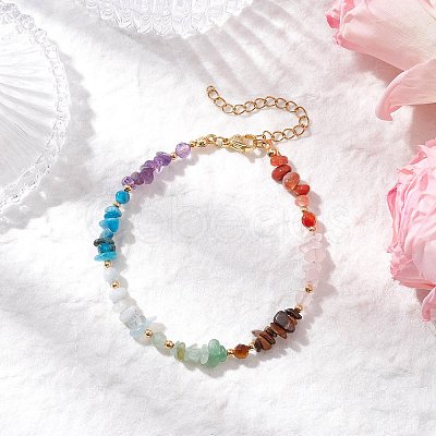 Chakra Natural Rose Quartz & Amethyst & Apatite & Aquamarine & Green Aventurine & Tiger Eye & Carnelian Chip Beaded Bracelets for Women BJEW-JB11741-02-1