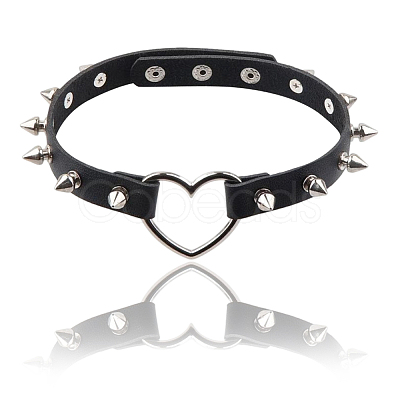 Adjustable Adjustable Gothic PU Leather Alloy Spike Rivet Heart Choker Necklaces for Women NJEW-WH20816-006P-B-1
