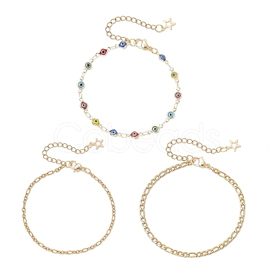 304 Stainless Steel Cable Chains & Evil Eye Lampwork Link Chains Bracelets for Women BJEW-JB12449-01-1