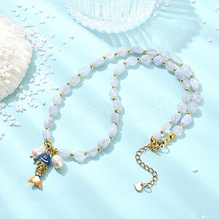 Brass Enamel Fish and Natural Pearl Rice Pendant Natural Blue Lace Agate Nuggets Beaded Necklaces for Women NJEW-JN06357-02-1