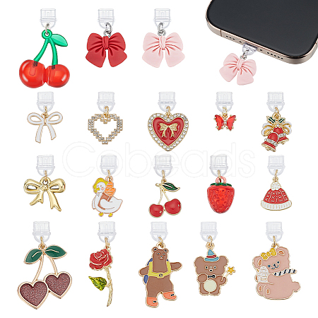 18Pcs 18 Styles Resin & Alloy Enamel & Brass Micro Pave Clear Cubic Zirconia Cherry Heart Bear Charms PVC Mobile Dustproof Plugs HJEW-ME00129-1