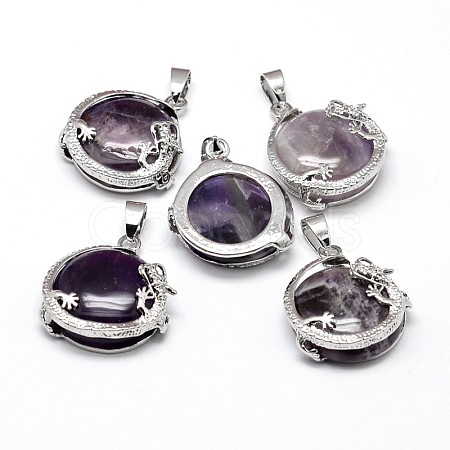 Flat Round with Dragon Platinum Plated Brass Natural Amethyst Pendants G-F228-24I-RS-1