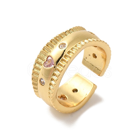 Rack Plating Heart Brass Micro Pave Cubic Zirconia Open Cuff Rings for Women RJEW-G320-02G-1