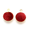 Handmade Velours Covered Pendants, with Brass Findings, Flat Round, Golden, Red, 14x11x3mm, Hole: 1mm