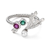 Rack Plating Brass Micro Pave Cubic Zirconia Open Cuff Ring with Plastic Pearl Beaded RJEW-Q777-15P-2
