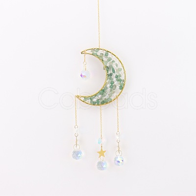 Copper Wire Wrapped Natural Green Aventurine Chips Moon Suncatcher HJEW-H065-02G-03-1