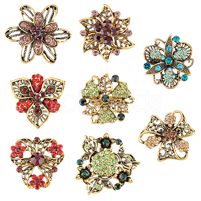 PandaHall Elite 8Pcs 8 Style Rhinestone Flower Safety Pin Brooch JEWB-PH0001-23-1