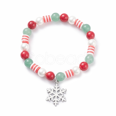 Natural Green Aventurine & Mashan Jade & Shell Pearl Stretch Bracelet with Christmas Snowflake Alloy Charm BJEW-TA00089-1