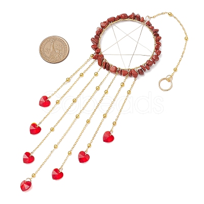 Wire Wrapped Natural Red Jasper Chips Ring Hanging Ornaments HJEW-JM02371-01-1