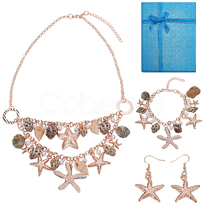 1 Set Iron Starfish & Natural Shell & Plastic Pearl Charm Bracelet & Dangle Earrings & Bib Necklaces Set SJEW-PH0001-15-1