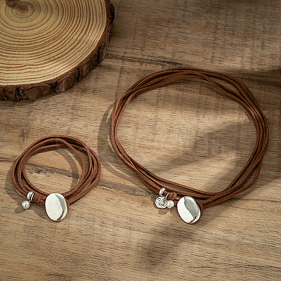 2Pcs 2 Styles Alloy Rectangle PU Leather Layered Cord Choker Necklaces for Women NJEW-CL0001-34A-1