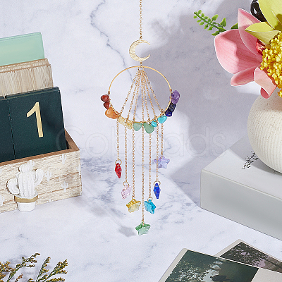 Chakra Natural & Synthetic Gemstone Chips & Brass Ring Hanging Suncatchers HJEW-BM00074-1