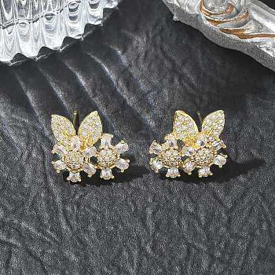 Floral Leaf Brass & Clear Marquise and Round Cut Cubic Zirconia Stud Earrings KK-CBA36A2-09G-1
