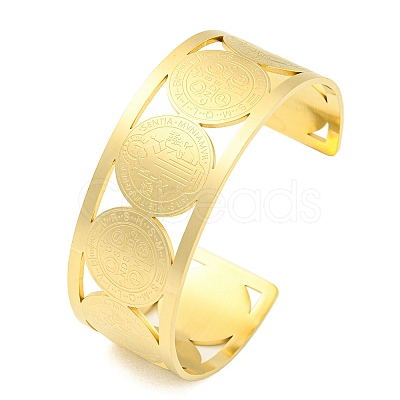 304 Stainless Steel Wide Hollow Saint Benedict Medal Open Cuff Bangles BJEW-S154-01G-1