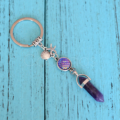 Natural Amethyst Bullet Pendant Keychains KEYC-PW0009-03F-1