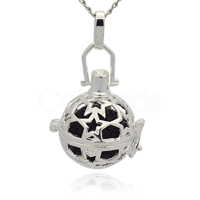 Silver Color Plated Brass Hollow Round Cage Pendants KK-J226-03S-1