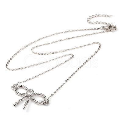 Brass Clear Cubic Zirconia Bowknot Pendant Necklaces NJEW-F326-03P-1