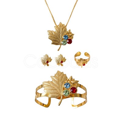 Maple Leaf Alloy Colorful Rhinestone Pendant Necklaces & Stud Earrings & Cuff Bangles & Cuff Rings Sets for Women WGFFE4E-01-1