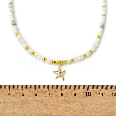 Ocean Brass Pave Blue Cubic Zirconia Sea Animals Pendant Natural Shell and Glass Seed Beaded Necklaces for Women NJEW-JN06345-01-1