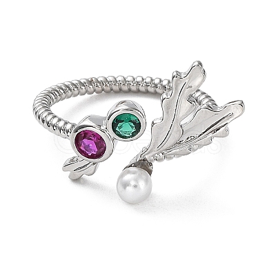 Rack Plating Brass Micro Pave Cubic Zirconia Open Cuff Ring with Plastic Pearl Beaded RJEW-Q777-15P-1