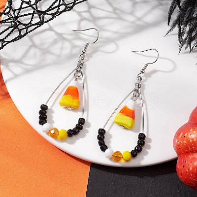 Corn Brass Glass Dangle Earrings EJEW-JE06660-1