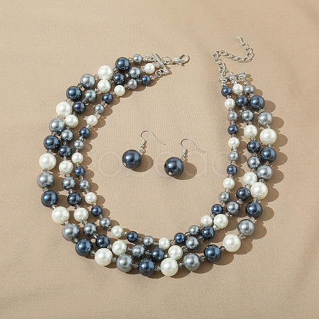 Resin Imitation Pearl Round Beaded Multilayer Necklaces & Dangle Earrings Sets WG4EAB6-03-1