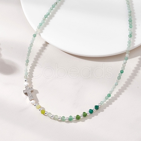 Natural Green Aventurine Faceted Round and Dyed Malaysia Jade & Pearl Beaded Necklaces with Brass Micro Pave Clear Cubic Zirconia Cross NJEW-JN05975-01-1