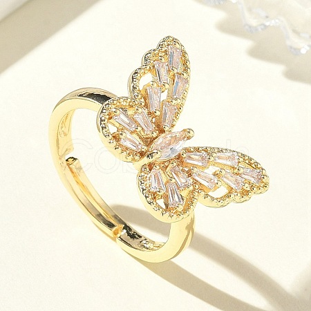 Adjustable Brass Butterfly Finger Rings with Clear Cubic Zirconia CU-CBA7E55-18G-01-1