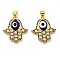 Brass Cubic Zirconia Pendants, with Lampwork, Real 18K Gold Plated, Hamsa Hand Charm, Marine Blue, 24x20.5x4mm, Hole: 5x3.5mm