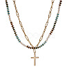 Stainless Steel Religion Cross Pendant Colorful Natural Mixed Gemstone Rondelle Beaded Double Layer Necklaces for Women KG2971-5