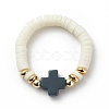 Polymer Clay Heishi & Synthetic Hematite & Synthetic Coral Cross Beaded Stretch Finger Ring for Women RJEW-JR00526-4