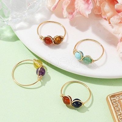 4Pcs 4 Style Natural & Synthetic Mixed Gemstone Round Beaded Finger Rings Set RJEW-TA00093-1