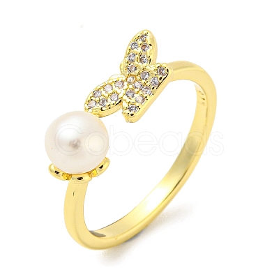 Natural Pearl Butterfly Open Cuff Ring RJEW-H220-28G-1