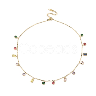 304 Stainless Steel Pave Colorful Cubic Zirconia Flat Round & Rectangle Pendant Necklaces NJEW-N055-03G-1