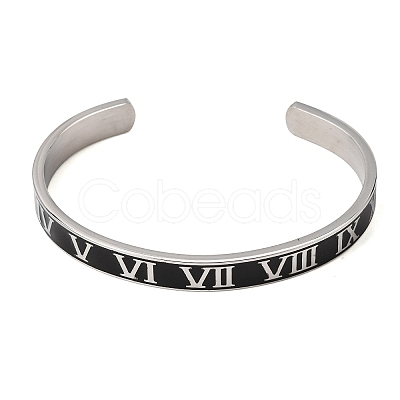 304 Stainless Steel Black Enamel Roman Numerals Open Cuff Bangles for Women SA-CBAC920-14P-1