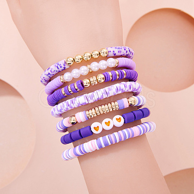 7Pcs Heart Pattern Polymer Clay & Plastic Pearl & CCB Plastic Beaded Stretch Bracelet Set for Women FS-WG634BB-01-1