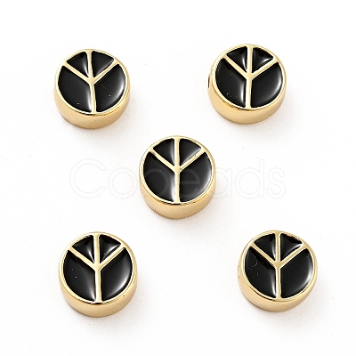 Flat Round with Peace Sign Brass Enamel Beads KK-G419-05G-05-1