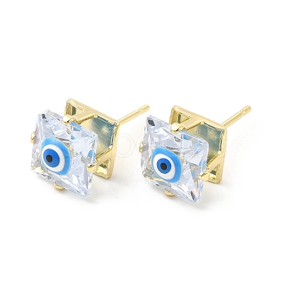 Square Glass with Enamel Evil Eye Stud Earrings EJEW-P210-03G-03-1