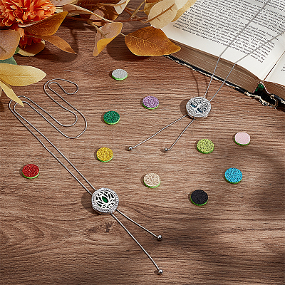 2Pcs 2 Styles Adjustable Stainless Steel Hollow Flat Round Diffuser Locket Pendant Lariat Necklaces NJEW-PH0001-49-1