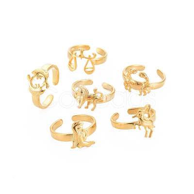 Ion Plating(IP) 304 Stainless Steel 12 Constellations/Zodiac Signs Open Cuff Ring for Women RJEW-S405-156G-1