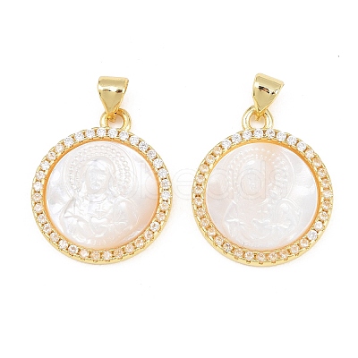 Rack Plating Brass Micro Pave Clear Cubic Zirconia Flat Round Pendants KK-U025-10G-05-1
