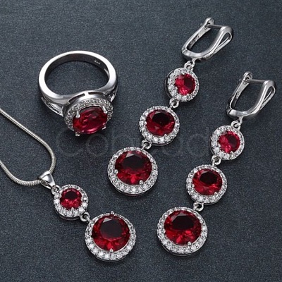 Flat Round Alloy Cubic Zirconia Pendant Necklaces & Hoop Earrings & Rings Sets FS-WG75211-01-1